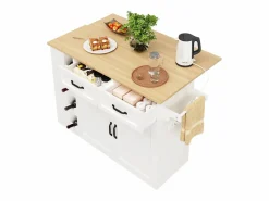 Merax Isla Cocina|Isla de cocina móvil con 2 puertas, 2 cajones y 4 botelleros - Tablero extensible - 131,5x43(76)x90,7cm - MDF - y natural