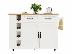 Merax Isla Cocina|Isla de cocina móvil con 2 puertas, 2 cajones y 4 botelleros - Tablero extensible - 131,5x43(76)x90,7cm - MDF - y natural