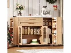 Merax Isla Cocina|Isla de cocina móvil con encimera abatible - 138 x 45 (70) x 90 cm - con estante + 2 cajones + 3 puertas - MDF - natural