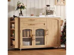 Merax Isla Cocina|Isla de cocina móvil con encimera abatible - 138 x 45 (70) x 90 cm - con estante + 2 cajones + 3 puertas - MDF - natural