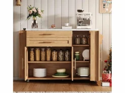 Merax Isla Cocina|Isla de cocina móvil con encimera abatible - 138 x 45 (70) x 90 cm - con estante + 2 cajones + 3 puertas - MDF - natural