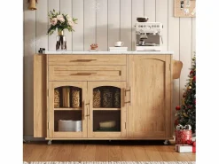 Merax Isla Cocina|Isla de cocina móvil con encimera abatible - 138 x 45 (70) x 90 cm - con estante + 2 cajones + 3 puertas - MDF - natural