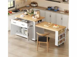 Merax Isla Cocina|Isla de cocina móvil con mesa extensible - 132/235 x 60 x 93 cm - mesa de bar con estantes + puertas + cajón - MDF -