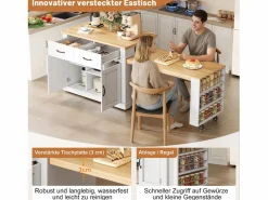 Merax Isla Cocina|Isla de cocina móvil con mesa extensible - 132/235 x 60 x 93 cm - mesa de bar con estantes + puertas + cajón - MDF -