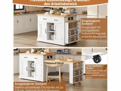 Merax Isla Cocina|Isla de cocina móvil con mesa extensible - 132/235 x 60 x 93 cm - mesa de bar con estantes + puertas + cajón - MDF -
