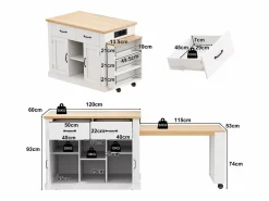 Merax Isla Cocina|Isla de cocina móvil con mesa extensible - 132/235 x 60 x 93 cm - mesa de bar con estantes + puertas + cajón - MDF -