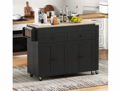 Isla de cocina móvil negra - Carrito de cocina con 4 puertas y 2 cajones - tablero de madera extensible y especiero^ Online