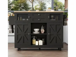 Isla de cocina negra - Carrito de cocina con 2 cajones y 4 puertas - Especiero y toallero^ New