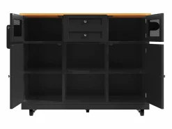 Isla de cocina negra - Carrito de cocina con 2 cajones y 4 puertas - Especiero y toallero^ New