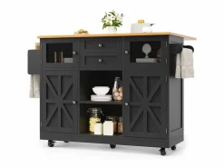 Isla de cocina negra - Carrito de cocina con 2 cajones y 4 puertas - Especiero y toallero^ New