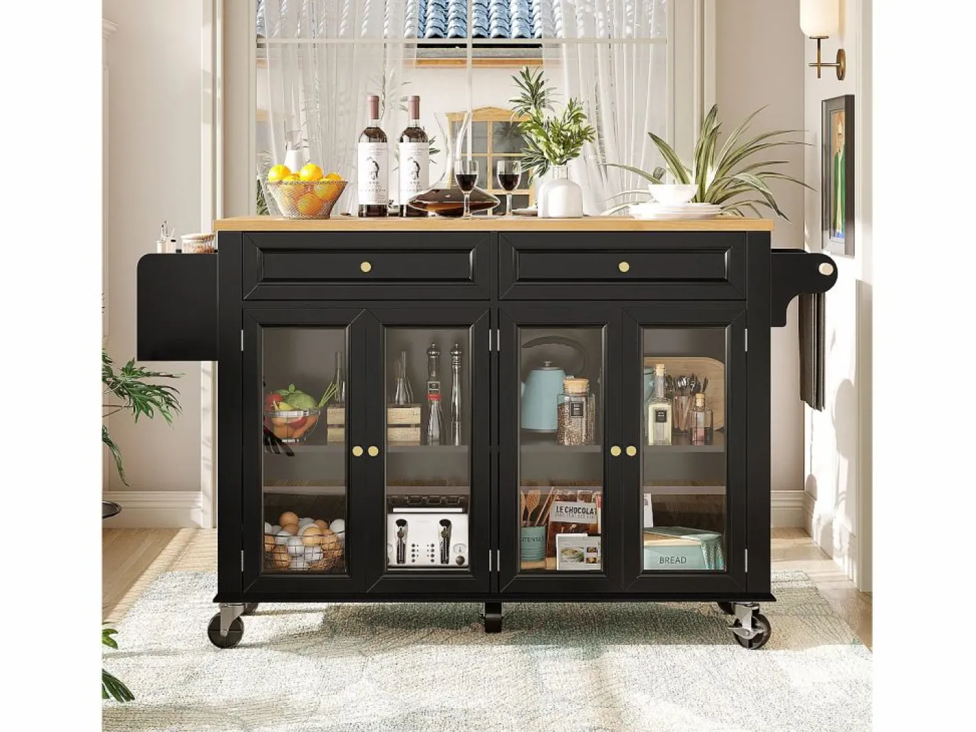 Isla de cocina negra - Carrito de cocina con 2 cajones y 4 puertas de cristal - especiero y toallero Negro Discount