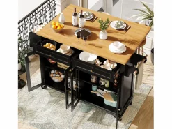 Isla de cocina negra - Carrito de cocina con 2 cajones y 4 puertas de cristal - especiero y toallero Negro Discount