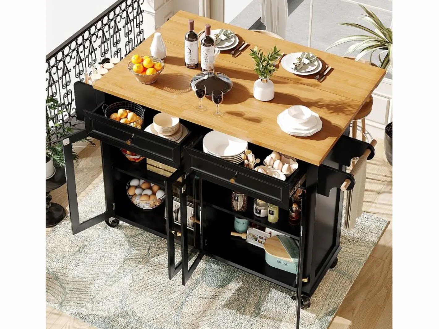 Isla de cocina negra - Carrito de cocina con 2 cajones y 4 puertas de cristal - especiero y toallero Negro Discount