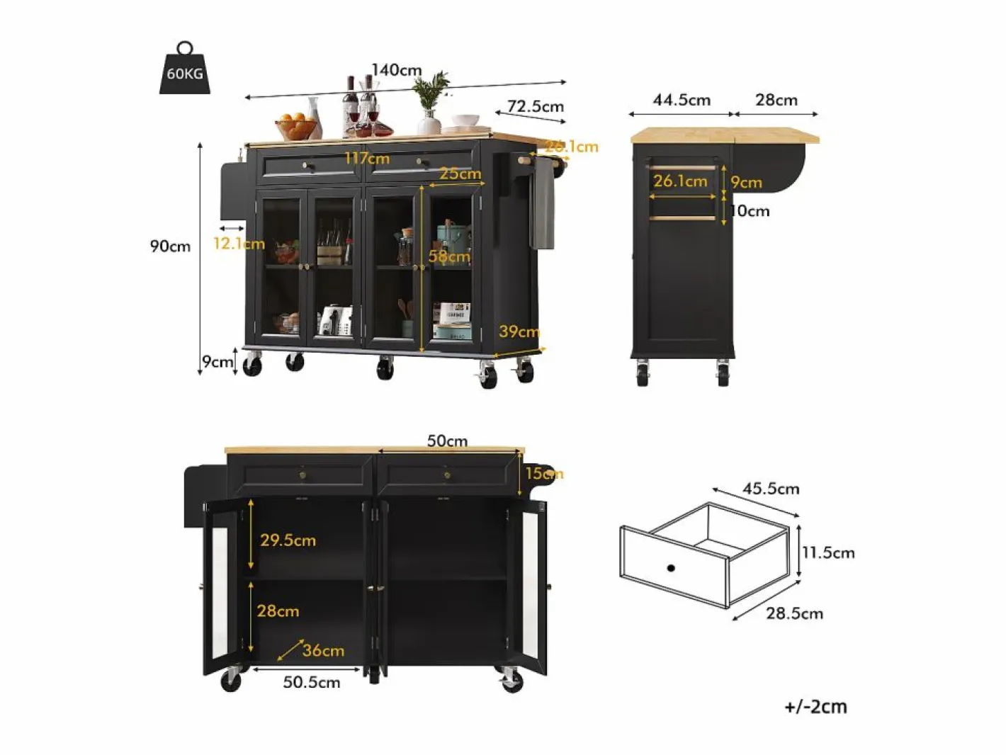 Isla de cocina negra - Carrito de cocina con 2 cajones y 4 puertas de cristal - especiero y toallero Negro Discount