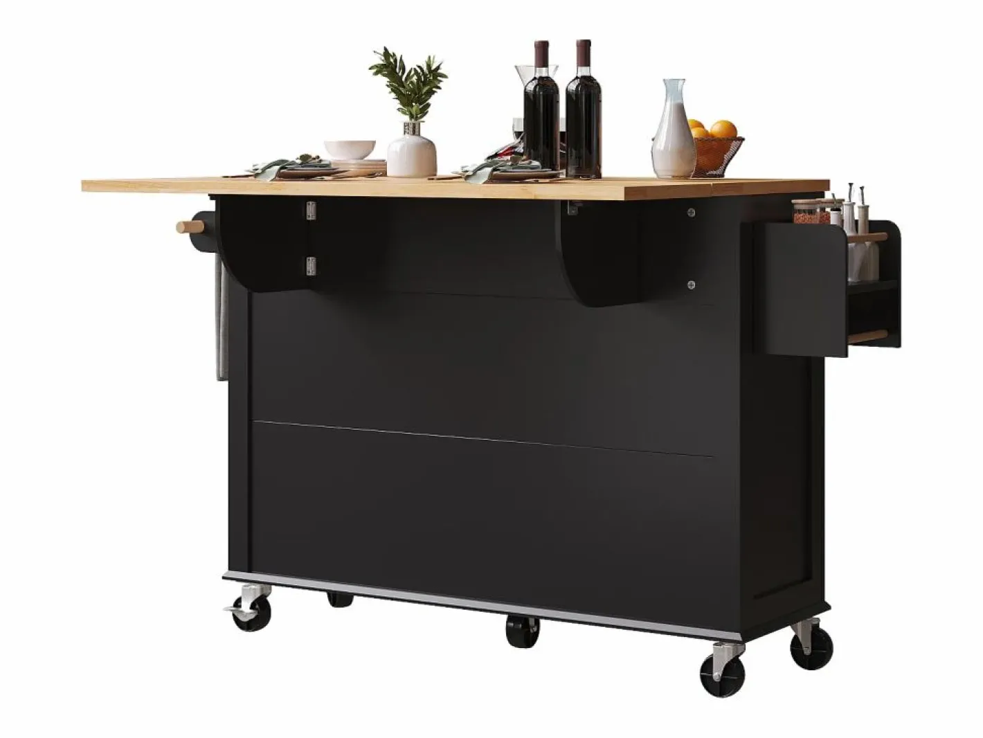 Isla de cocina negra - Carrito de cocina con 2 cajones y 4 puertas de cristal - especiero y toallero Negro Discount