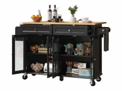 Isla de cocina negra - Carrito de cocina con 2 cajones y 4 puertas de cristal - especiero y toallero Negro Discount