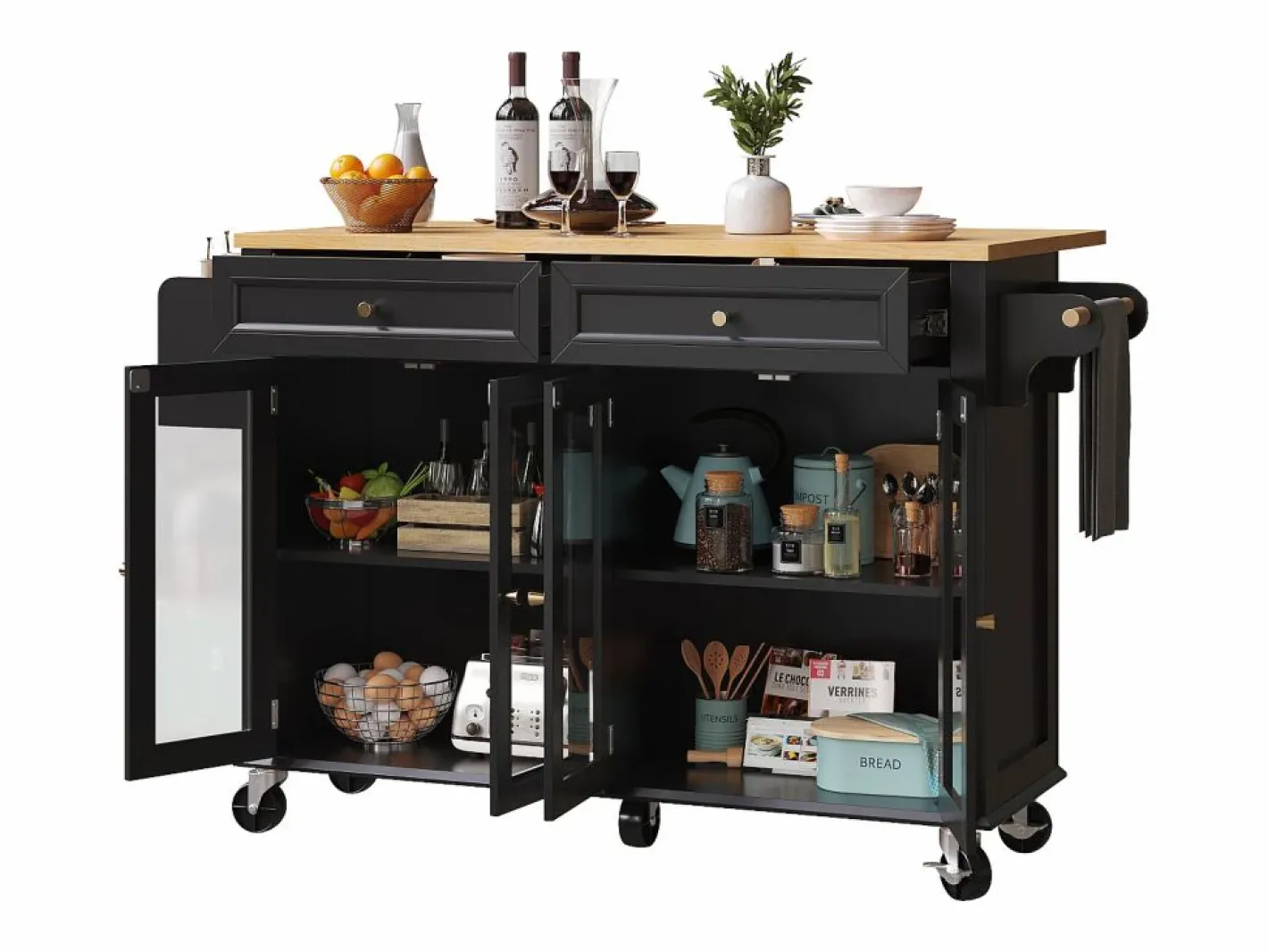 Isla de cocina negra - Carrito de cocina con 2 cajones y 4 puertas de cristal - especiero y toallero Negro Discount