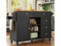Isla de cocina negra con 5 cajones - Carrito de cocina de 1 puerta con 3 compartimentos abiertos - Especiero y toallero^ Discount