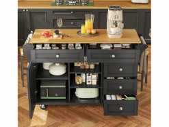 Isla de cocina negra con 5 cajones - Carrito de cocina de 1 puerta con 3 compartimentos abiertos - Especiero y toallero^ Discount