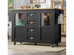 Isla de cocina negra, isla de cocina móvil con 2 puertas y 4 cajones, encimera abatible - tiradores plateados^OKWISH Outlet