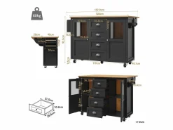 Isla de cocina negra, isla de cocina móvil con 2 puertas y 4 cajones, encimera abatible - tiradores plateados^OKWISH Outlet