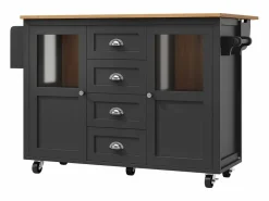 Isla de cocina negra, isla de cocina móvil con 2 puertas y 4 cajones, encimera abatible - tiradores plateados^OKWISH Outlet