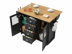 Isla de cocina negra, isla de cocina móvil con 2 puertas y 4 cajones, encimera abatible - tiradores plateados^OKWISH Outlet