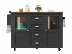 Isla de cocina negra, isla de cocina móvil con 2 puertas y 4 cajones, encimera abatible - tiradores plateados^OKWISH Outlet
