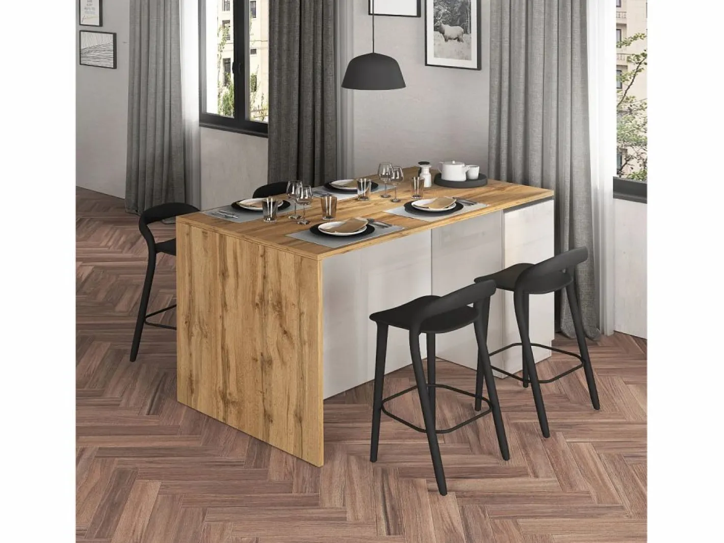 Isla Cocina|Isla de cocina Sole con 2 puertas en brillo y roble 160x90x90 cm