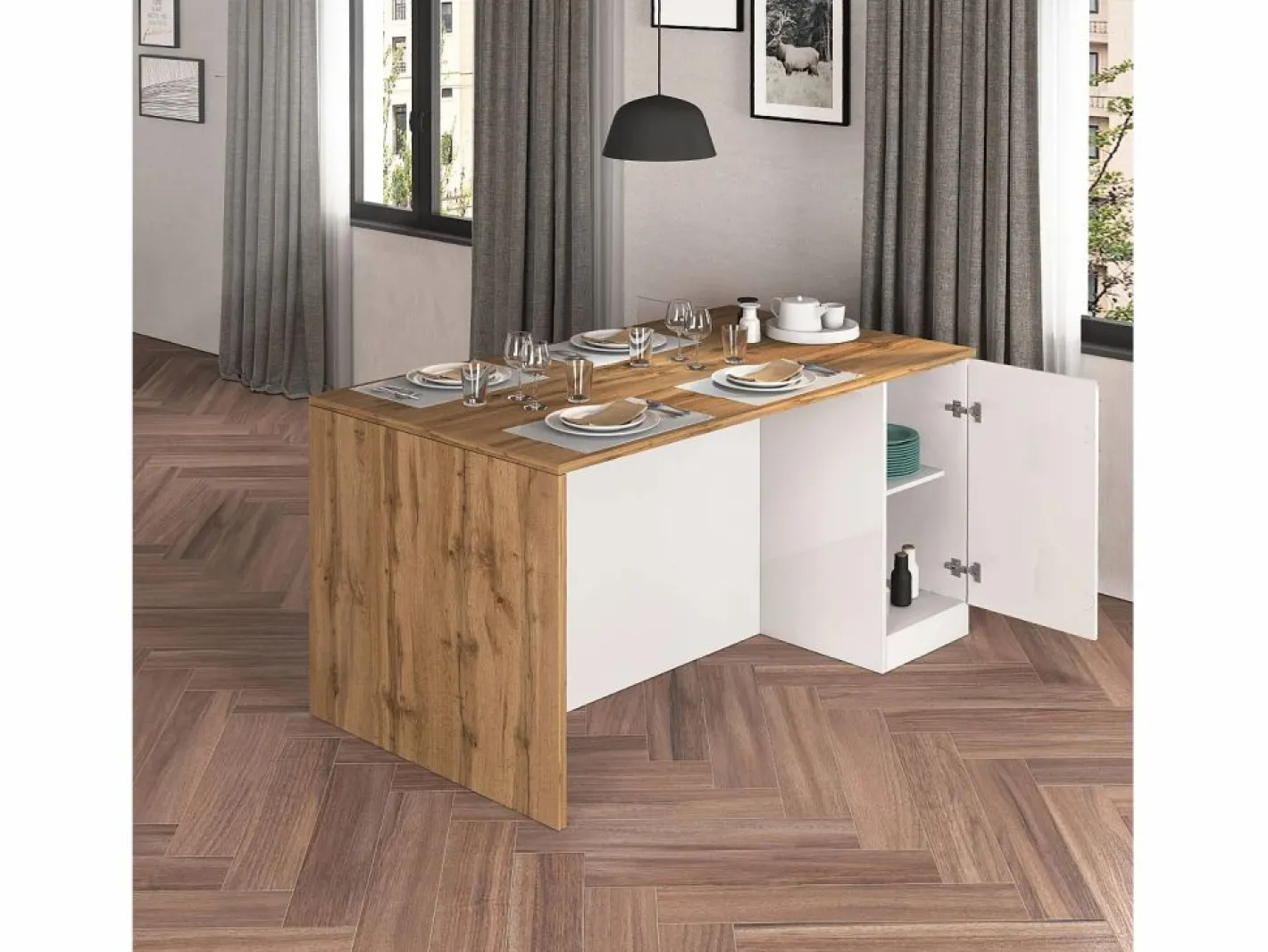 Isla Cocina|Isla de cocina Sole con 2 puertas en brillo y roble 160x90x90 cm