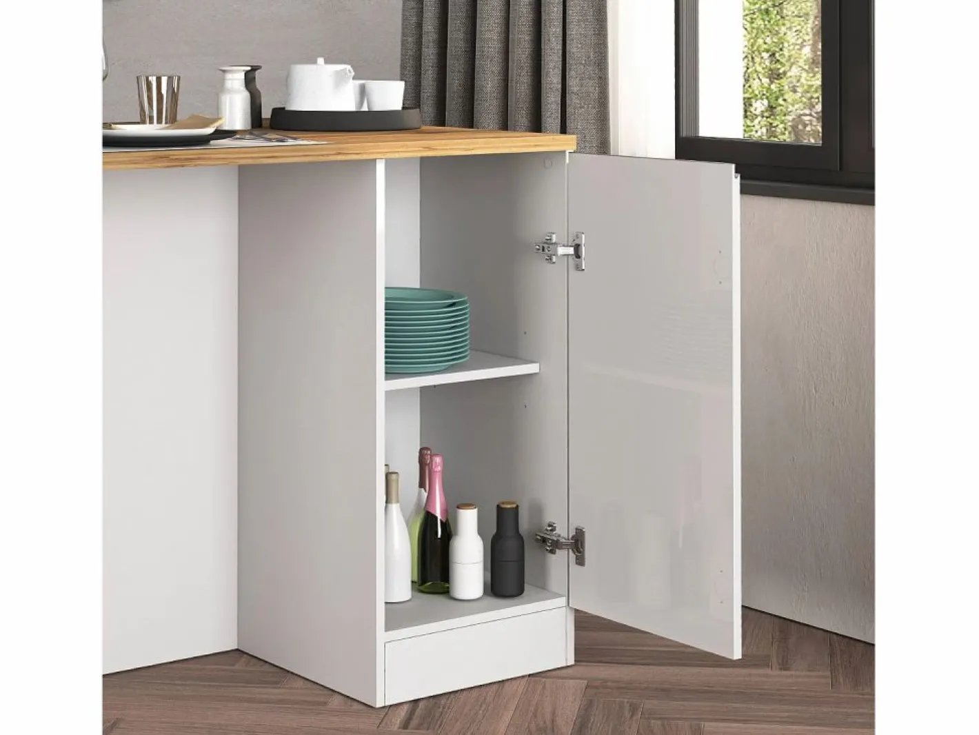 Isla Cocina|Isla de cocina Sole con 2 puertas en brillo y roble 160x90x90 cm