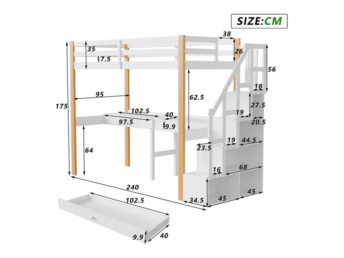 it litera 90 x 200, altillo con escritorio, cama infantil con escalera de almacenamiento, barandilla de seguridad, Blanco Sale