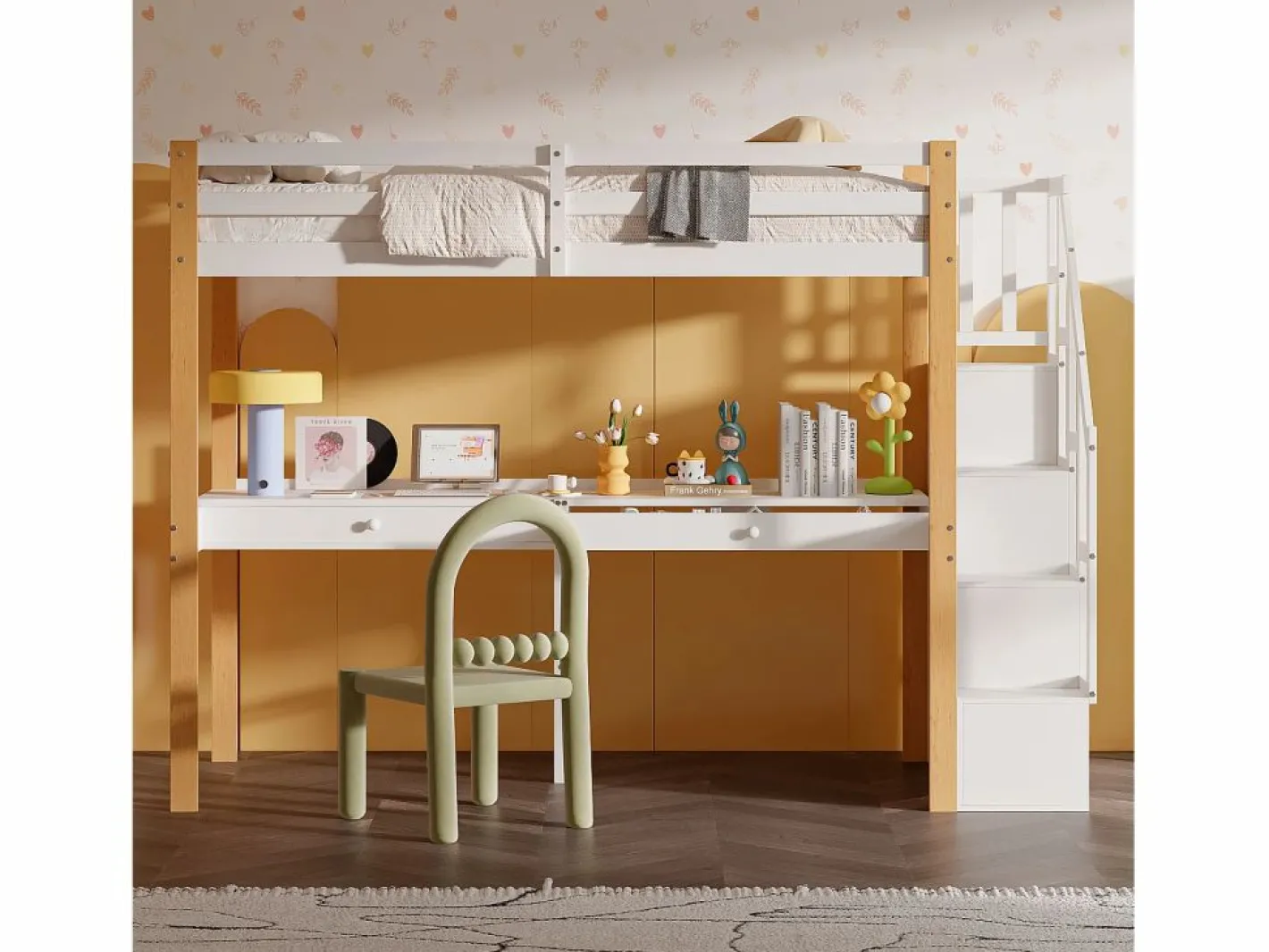 it litera 90 x 200, altillo con escritorio, cama infantil con escalera de almacenamiento, barandilla de seguridad, Blanco Sale