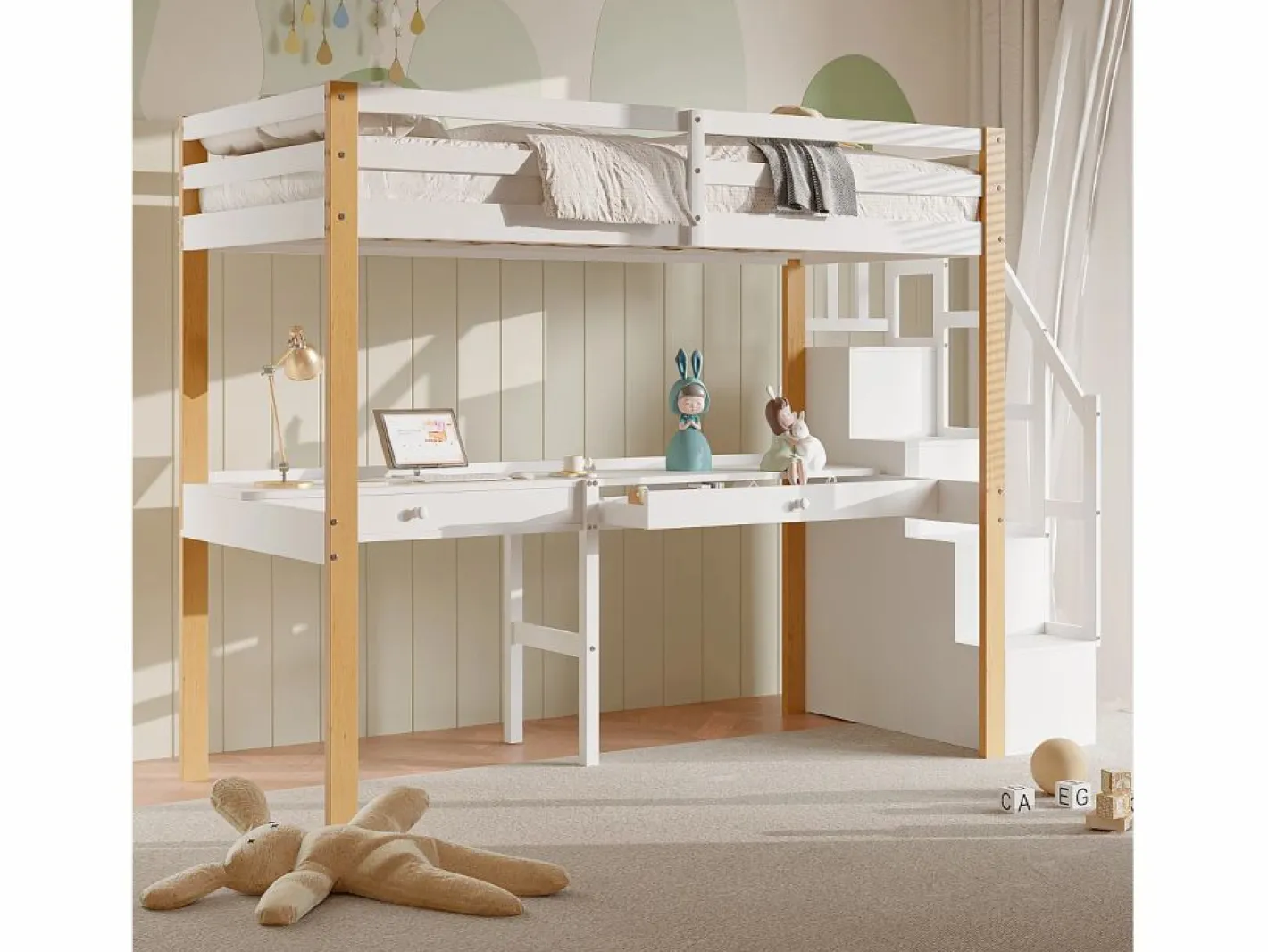 it litera 90 x 200, altillo con escritorio, cama infantil con escalera de almacenamiento, barandilla de seguridad, Blanco Sale