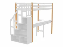 it litera 90 x 200, altillo con escritorio, cama infantil con escalera de almacenamiento, barandilla de seguridad, Blanco Sale