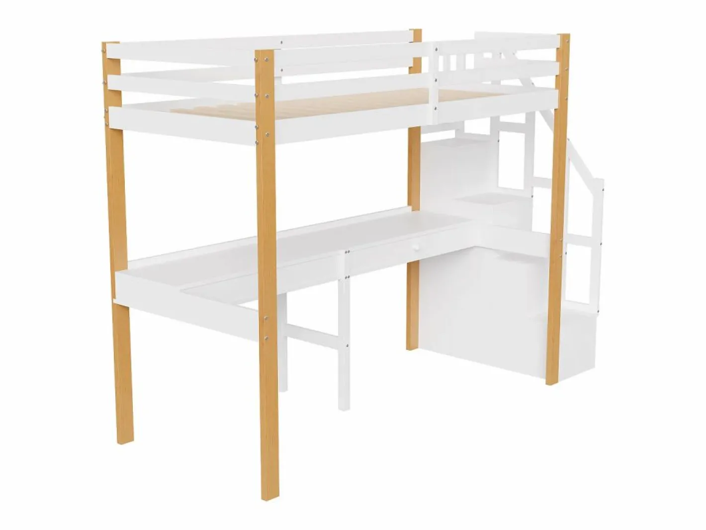 it litera 90 x 200, altillo con escritorio, cama infantil con escalera de almacenamiento, barandilla de seguridad, Blanco Sale