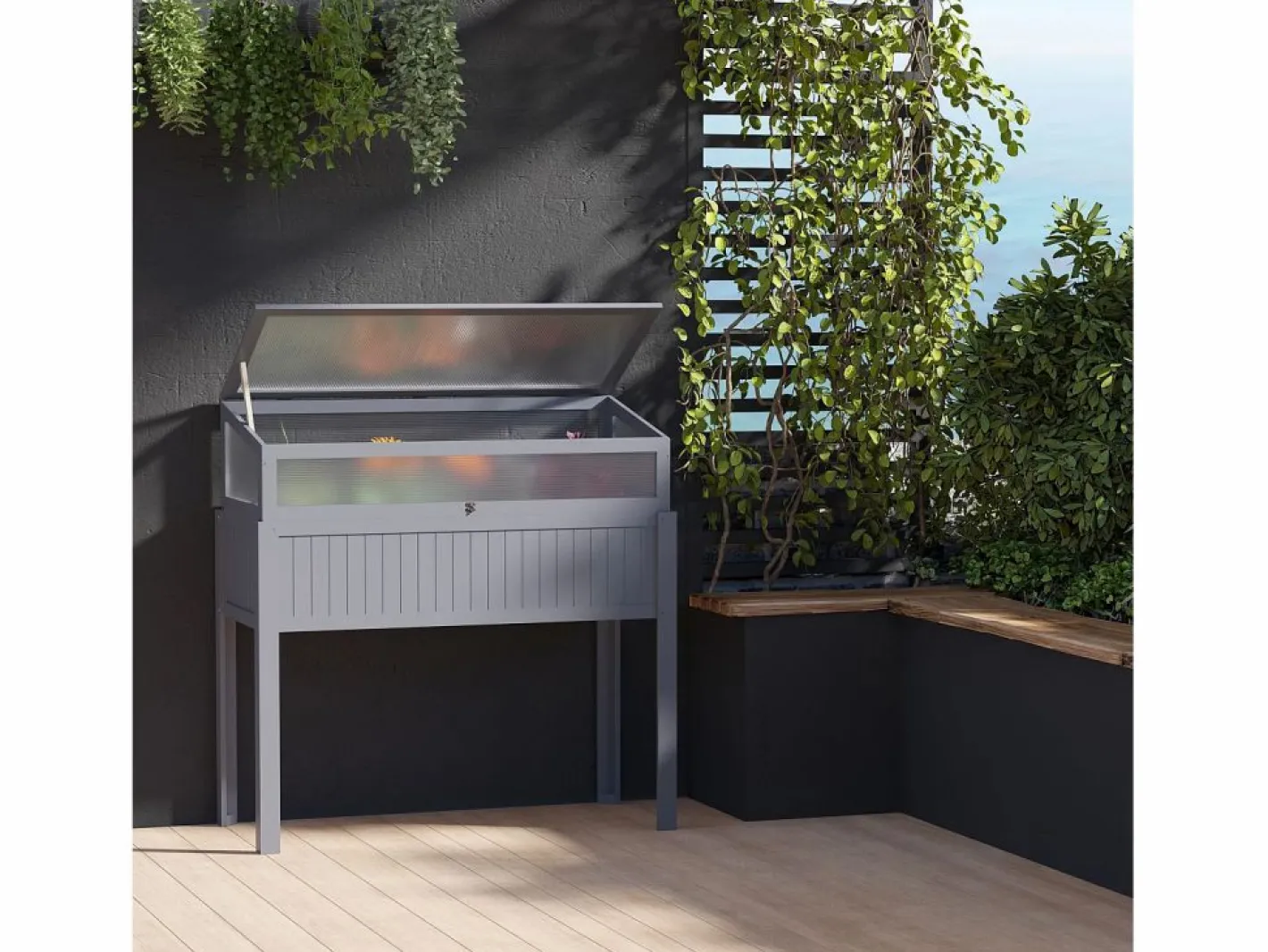 Jardinera elevada con invernadero integrado, madera tratada, policarbonato (120x54x122cm) Gris Hot