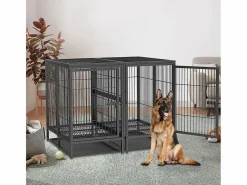 Fativo Jaula para perros con 3 puertas interiores, gran transportín XXL con bandeja extraíble 90x62x68cm Negro Outlet