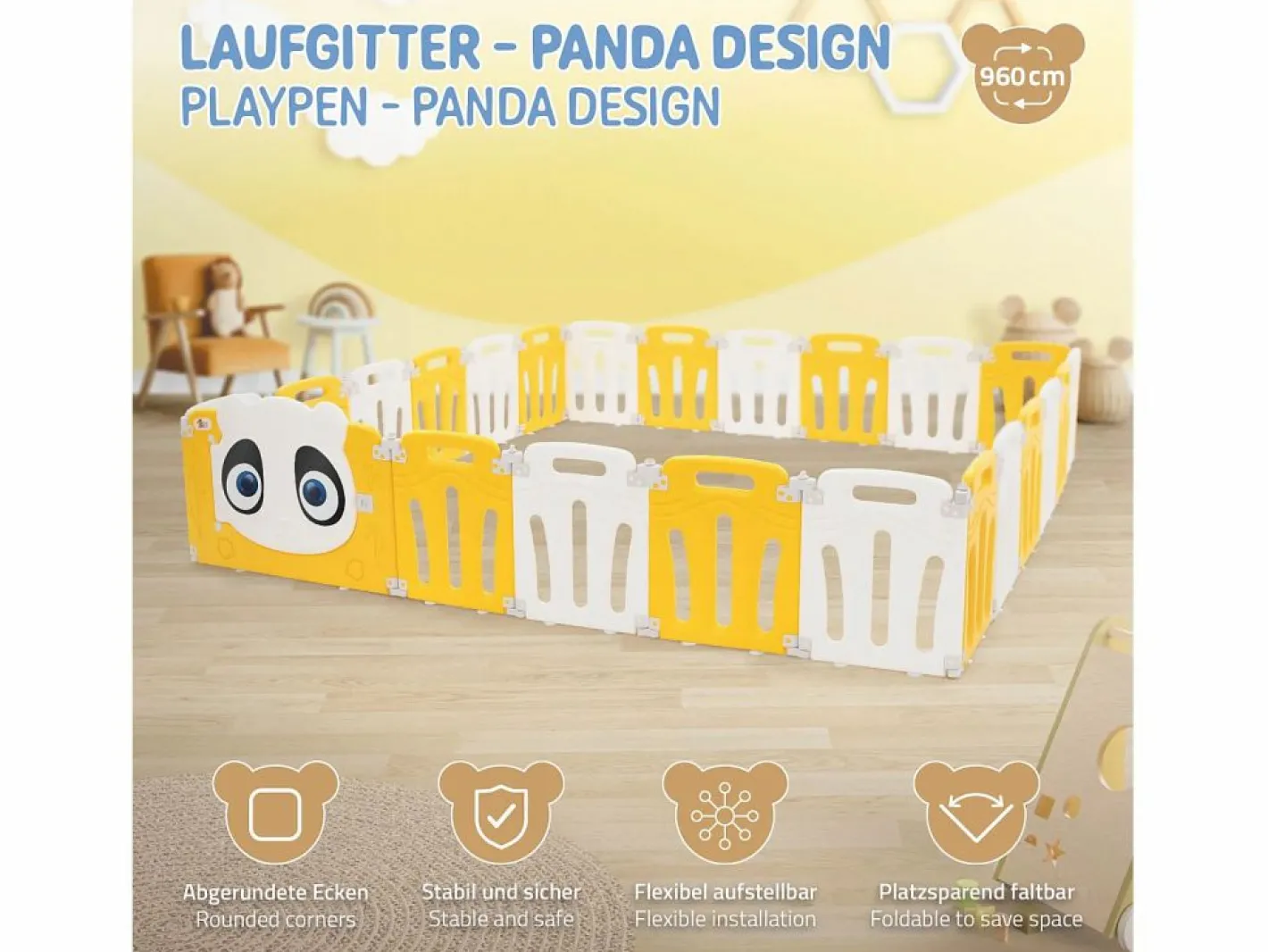 Joyz Parque infantil 240×240cm para bebés corralito infantil de plástico blanco diseño panda plegable actividades de interior/exterior Amarillo