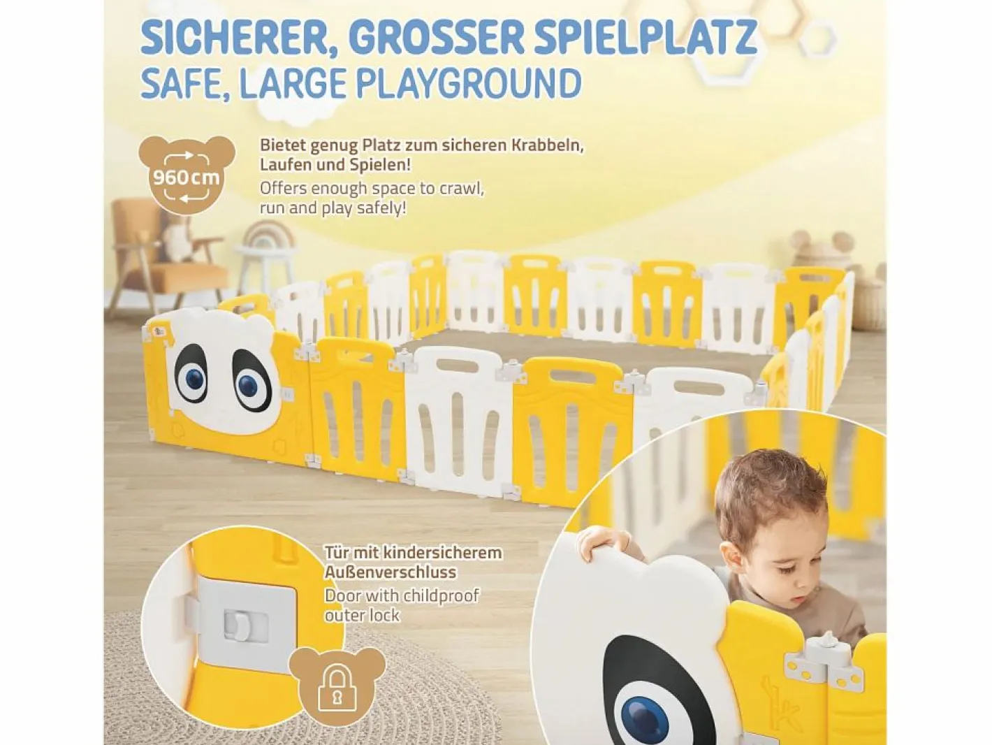 Joyz Parque infantil 240×240cm para bebés corralito infantil de plástico blanco diseño panda plegable actividades de interior/exterior Amarillo