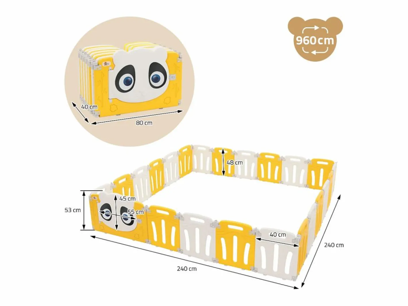 Joyz Parque infantil 240×240cm para bebés corralito infantil de plástico blanco diseño panda plegable actividades de interior/exterior Amarillo