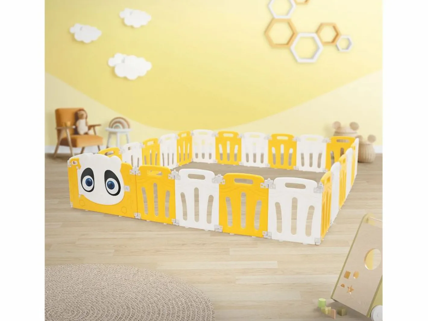 Joyz Parque infantil 240×240cm para bebés corralito infantil de plástico blanco diseño panda plegable actividades de interior/exterior Amarillo