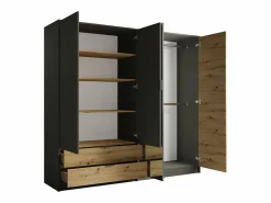 Meublorama Dormitorio Completo|Juego completo de dormitorio IZO: Armario, cama 160x200, cómoda, mesitas de noche, roble/gris antracita