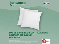 DREAMEA Juego de 2 almohadas anti-ácaros natural Greencare - 60 x 60 cm - 550 gr- algodón - AZYLIA Blanco Online