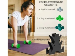 Aparato De Musculación|Juego de 6 básculas colgantes con soporte, 2 x 1 kg, 2 x 3 kg, 2 x 5 kg, de metal, (34 x 10 x 34 cm)