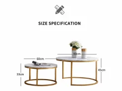 Mesa De Centro|Juego de 2 mesas de centro nido modernas de mármol y metal dorado para sala de estar y dormitorio.