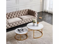 Mesa De Centro|Juego de 2 mesas de centro nido modernas de mármol y metal dorado para sala de estar y dormitorio.
