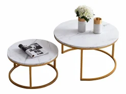 Mesa De Centro|Juego de 2 mesas de centro nido modernas de mármol y metal dorado para sala de estar y dormitorio.