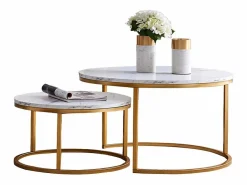 Mesa De Centro|Juego de 2 mesas de centro nido modernas de mármol y metal dorado para sala de estar y dormitorio.