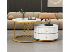 Merax Juego de 2 mesas de centro nido redondas con 2 cajones - 60x60x46cm + 50x50x30,8cm - Motivo mármol - Madera MDF y metal - Blanco + dorado Blanco / Dorado Outlet